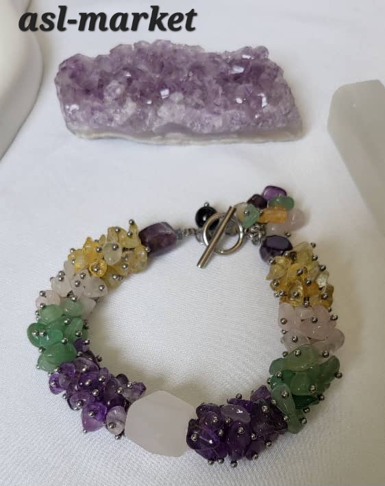 دستبند سنگی شامل سنگهای آمیتیست رزکوارتز  سیترین و آونتورین متریال استیل