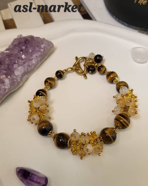 دستبند سنگ سیترین و چشم ببر با متریال استیل