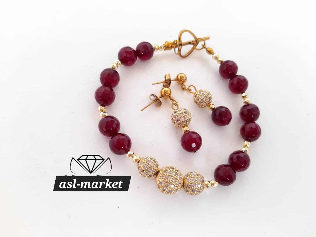 نیم ست گوشواره و دستبند سنگ عقیق یاقوتی متریال استیل